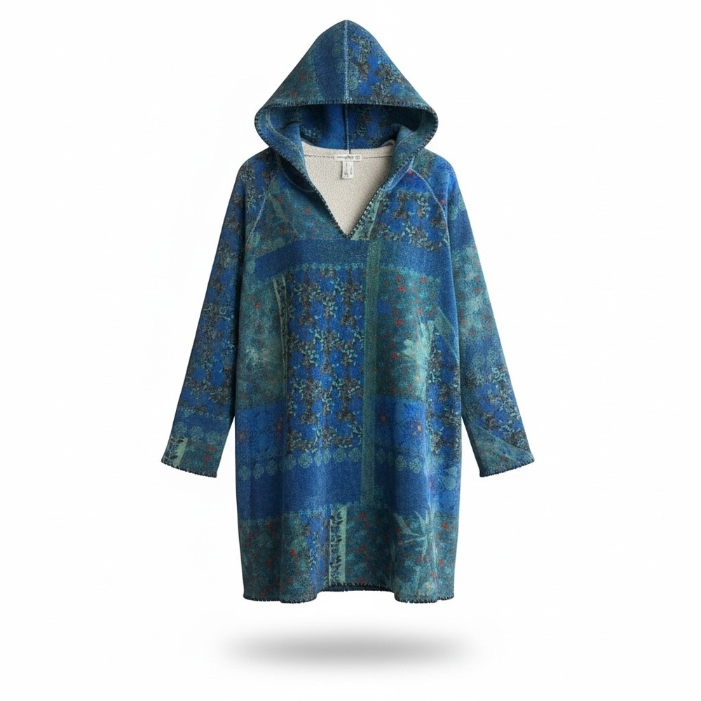 Natural Life Blue Patchwork Floral Fleece Hooded Poncho Pullover One Size